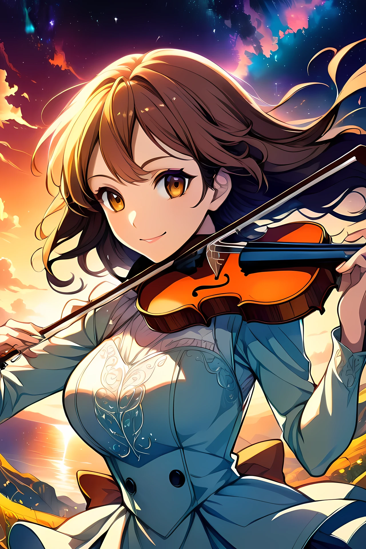 Against the background of the sunset sky, a girl with hair fluttering in the wind is smiling with a violin, the sky where the stars begin to shine, anime-style illustrations, high resolution, line drawings drawn in detail, warm colors, fantastic atmosphere 