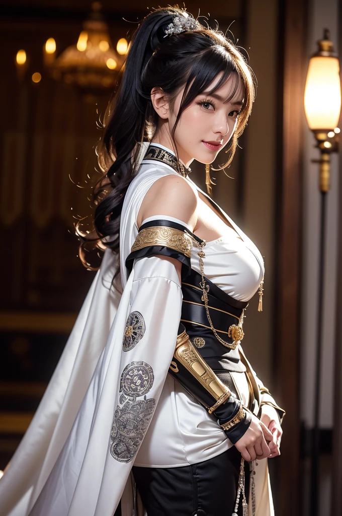 ((1 female)), ((16K)), Mature Woman, (((attractive japanese model:1.0))),((Beautiful Japanese Model))、(((A woman holding a sword)))、(((Japanese Sailor Suit)))、(((Sailor suit costumes)))、(((Headband)))、(((Metal shoulder pads)))、(((Metal breastplate)))、(((Toned body))),(((Big Breasts))),(((Big Breasts))), (((A woman holding a sword)))、((8k, Highest quality:1.2))、((masterpiece)),Black and white clothes、 High resolution, (Skin Texture:1.1), Highest quality, 超High resolution, (Realistic: 1.4), RAW Photos,((Perfect Face))、Age 35, Toned body,Black Hair,A well-trained body,(((The background is a princess's room))),(((The background is a princess's room))), masterpiece, ((Ultra HD)), Insane Details, Realistic, Detailed face, 詳細なSkin Texture, Blurred Background, ((Wearing leather armor)), (((Big Breasts))), (((Ancient fantasy soldiers))),((Ancient soldier armor)),(((Combat Accessories))),vision, Perfect Face, Delicate eyes, (((Slit eyes)))、Voluminous lips, Big eyes, (((Armor with intricate patterns)))、(((garter belt)))、(((Knee Hersocks)))、(((mini skirt)))、((Voluptuous body))、Dynamic pose、Looking at the camera、looking at the camera、She is standing