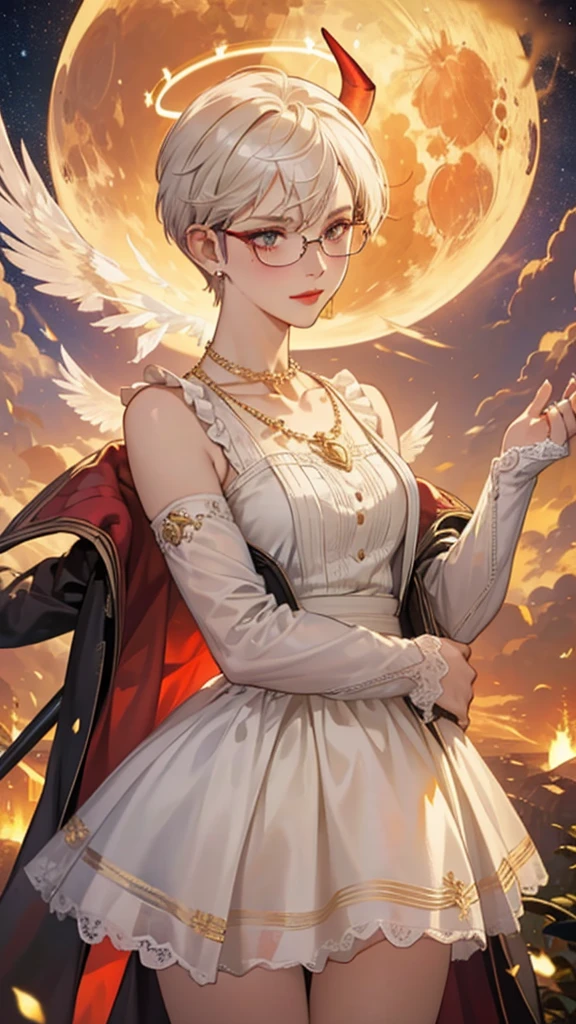 8k, masterpiece, best quality, highly detailed, 1 girl, tiefling, paladin, devil horns, pixie cut, multicolored hair, very short straight hair red highlight hair on white hair, strippled hair, wearing glasses, round glasses, earrings, red eyeshadow, long eyelashes, blushed cheek, red lips, pearl necklace, rings, collarbone, mole on face, glamorous, white and gold clothes, sleeveless, laced dress, miniskirt, smirk, close up view, rings, looking at viewer, solo, holding flintlock rifle, starry sky, radiant gold moon, standing, golden halo, white lace gloves, heavenly scene, halo, holy palace in background.