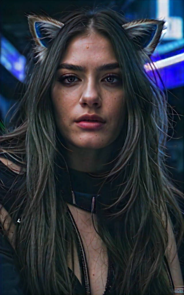 Close up of face, light blue hair, long straight hair, black leather jumpsuit, wet hair, smudged makeup, black smudged eye liner, tight black leather, sexy jumpsuit, heavy rain, rain pouring down, heavy rain, dark scene, heavy rain, moody cinematography, dull colours, hyper realistic, sunny, light flare, highest quality, ultra realistic, extremely detailed, hd, HDR, hyper detailed, professional photoshoot, cinematic, ultra detailed, beautiful body, visually rich, concept art, luminous, intricate details, subtle colors, extremely detailed, ultra sharp focus, light particles, attention to detail, grandeur and awe, stunning visual masterpiece, double exposure, 32k, photorealistic, strong outlines, cinematographic scene, highest quality