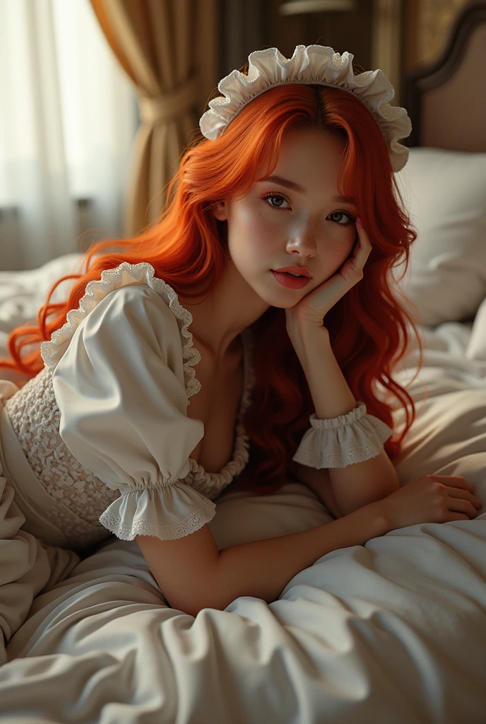 redhead haired woman in white dress holding a flower in front of a window, amouranth, redhead girl, with curly red hair, red haired goddess, with long red hair, sophie turner, with pale skin, with red hair, better known as amouranth, anna nikonova aka newmilky, young beautiful amouranth, flowing ginger hair, sadie sink