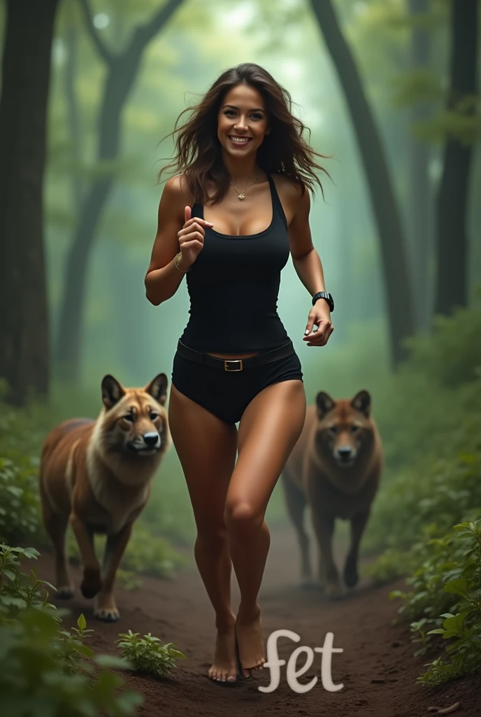 little naked girl accompanied by pack of dogs in the forest