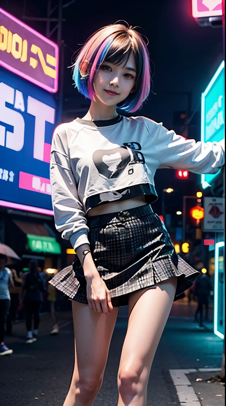 A colorful Bob cut haired punk canadian girl, smooth white skin, slender, innocent look, ultra high resolution, uhd, detailed cyberpunk outfit, wink, smiling, neon lighting, short skirt, colorful loose socks, athletic legs, vogue pose, modelling, beautiful detailed face