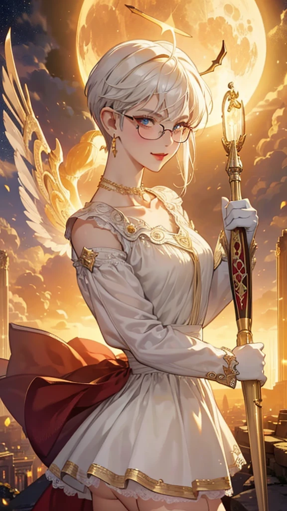 8k, masterpiece, best quality, highly detailed, 1 girl, tiefling, paladin, devil horns, pixie cut, multicolored hair, very short straight hair red highlight hair on white hair, strippled hair, wearing glasses, round glasses, earrings, red eyeshadow, long eyelashes, blushed cheek, red lips, pearl necklace, rings, collarbone, mole on face, glamorous, white and gold clothes, sleeveless, laced dress, miniskirt, smirk, close up view, rings, looking at viewer, solo, holding flintlock rifle, starry sky, radiant gold moon, standing, golden halo, white lace gloves, heavenly scene, halo, holy palace in background.