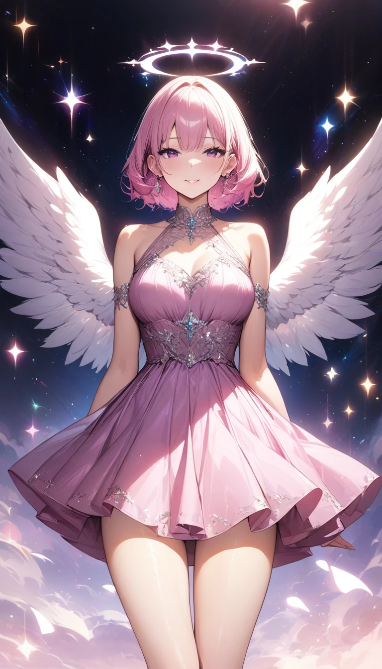 Pink and light blue dreamy hair Wave Shorthair Purple Eyes Beauty beautiful Silver Angel White Feather Halo Starry Sky