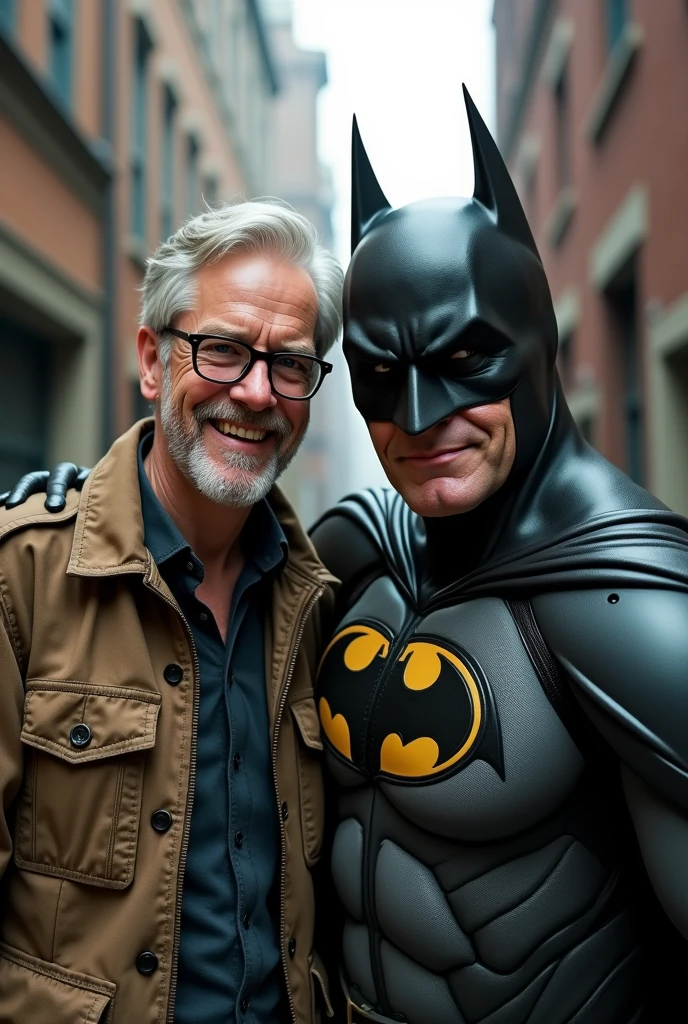 Batman squatting and hugging,photo realistic,Two men licking each other with their tongues,1980s, luxurious shower room, gay, bara, 2men, two men naked,Batman and his old butler, Batman (wearing Batman mask only,hairy body, many old scars) with a childlike smile hugs his beloved old man Alfred (white hair, white body hair, tall slim muscular) chest and licks it with his tongue, slim tall Alfred hugs him with a smile and gently strokes Batman's head, erection, penis, Batman's small penis, the old man's large penis
