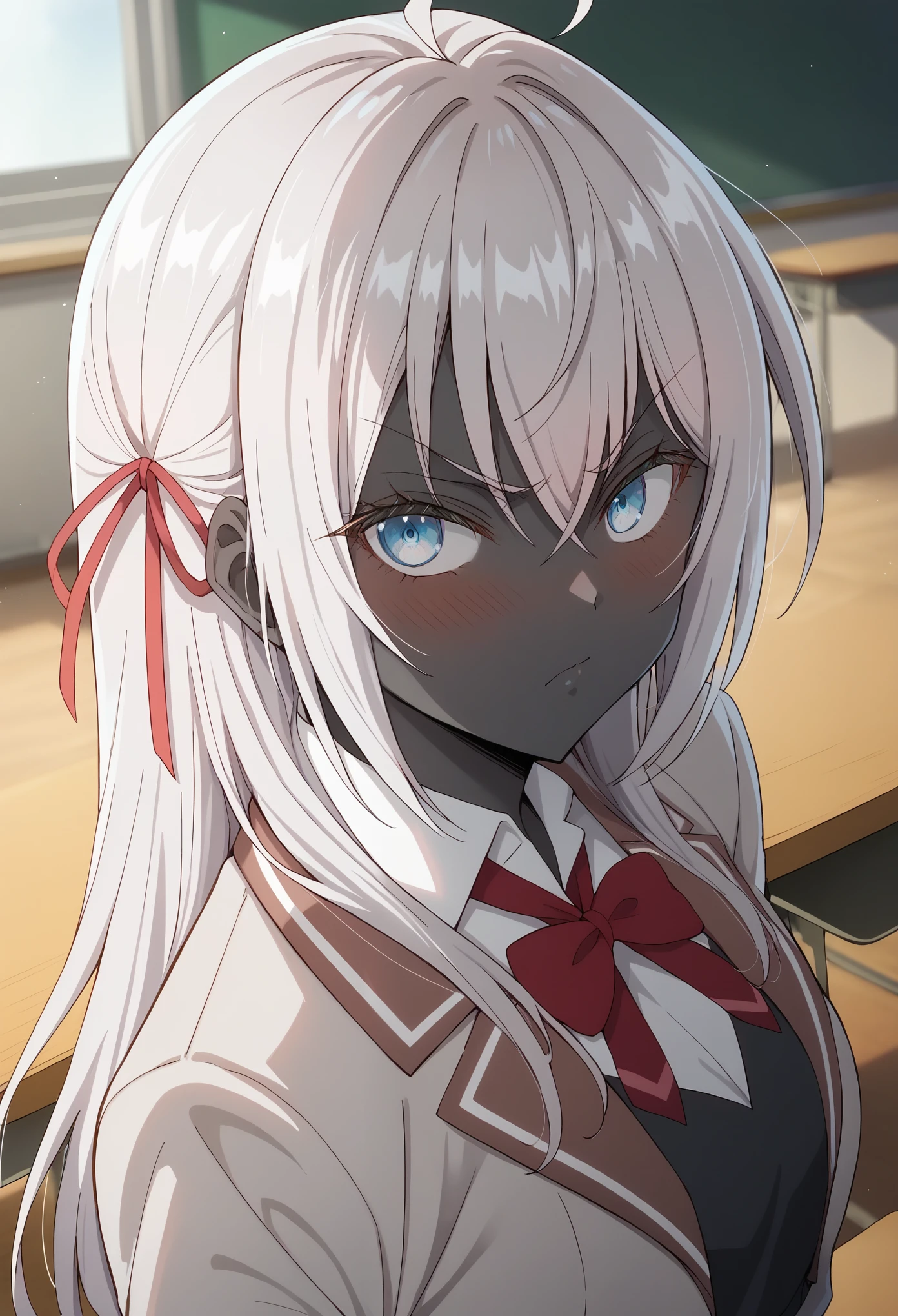 score_9, score_8_up, score_7_up, score_6_up, source_anime, BREAK, 1girl, source_anime, alya, long hair, silver hair, ahoge, crossed bangs, hair ribbon, sidelocks, blue eyes, blushing, looking at viewer, classroom, (black skin), school uniform, cowboyshot, angry face