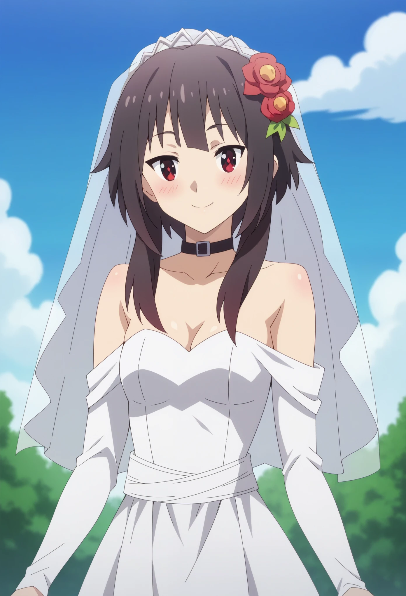 score_9, score_8_up, score_7_up, source_anime, solo,
megumin, short hair, black hair, red eyes, short hair with long locks, blushing, looking at viewer, wedding dress, wedding veil, off shoulder, cleavage, smile, outdoor, sky, standing, cowboy shot, anime screencrap, jewelry, flower, small breasts