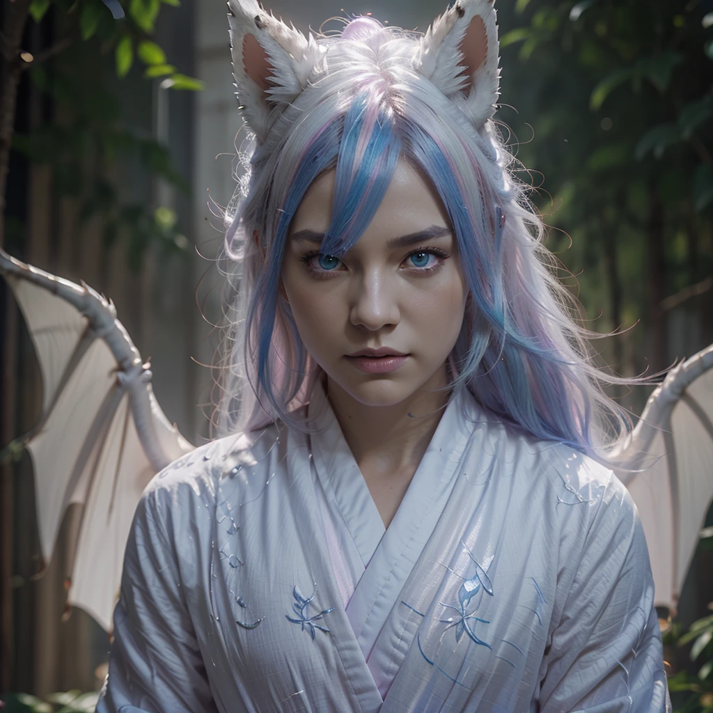 1 boy， nine-tailed fox, dragon hybrid, beautiful white dragon horns, white long robe, pink and blue gradient hair, masterpiece, hyper-detailed, photorealistic, cinematic lighting, dramatic shadows, volumetric lighting, highly detailed face and eyes, delicate facial features, porcelain skin, elegant pose, fantasy, mystical, ethereal, glowing, 8k, sharp focus, vibrant colors, dramatic lighting