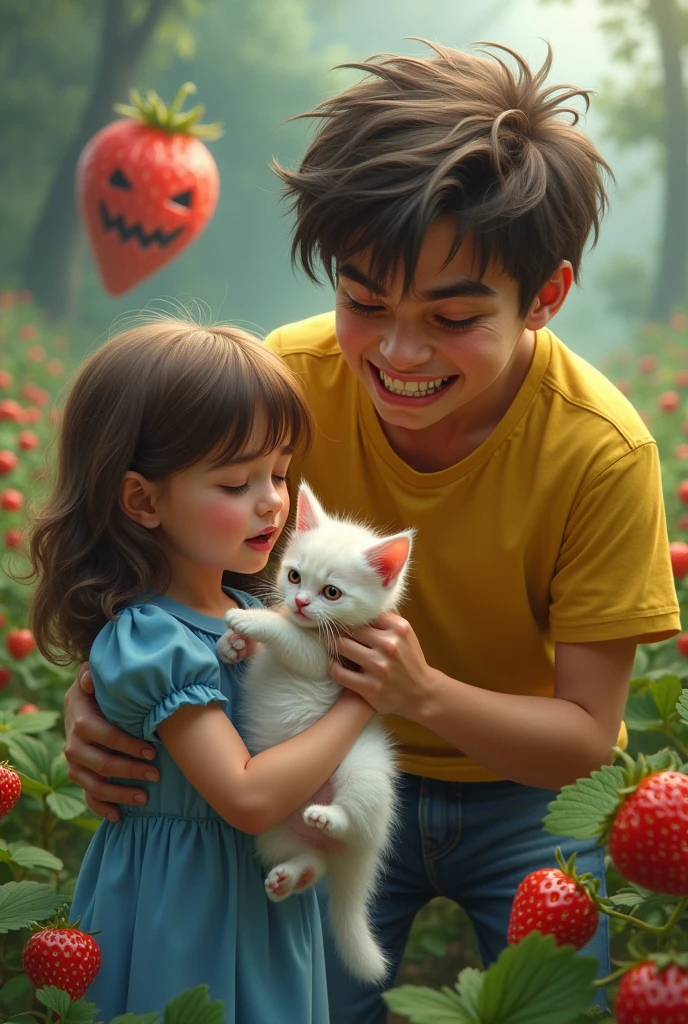 A young man with brown eyes in  yellow t shirt with anger snatched the little white kitten with blue eyes from  girl with blue eyes in Blue frock  in strawberry garden  AI image 