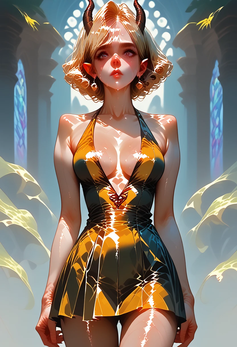 Shiny skin, (masterpiece, best quality), 8K,(((Very detailed))), Race:1.8,Super intricate Race pattern,colorful Race pattern,Stained glass background transparent body, Mandala,Light Up,cold, 1 female,Open back,(curls,Blonde), horned girl, devil horns, elf ears, cleavage, thigh, short skirt, sexy