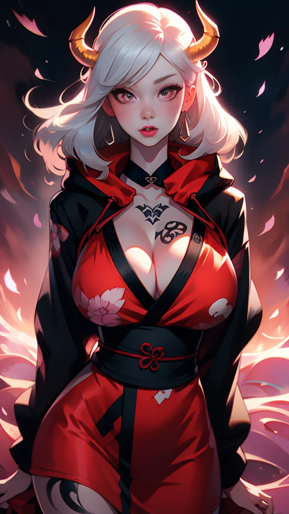 PERFECT MASTERPIECE, EXTREMELY DETAILED CG UNITY 8K UHD QUALITY RESOLUTION, RAW PHOTO, PHOTOREALISTIC, PERFECT PHOTOGENIC CLARITY, OFFICIAL ART, AWARD-WINNING PORTRAIT, OFFICIAL ART, (0ill1k3:1.3) The most beautiful and sexy vampire goddess, oni horns, very long platinum white hair, vibrant red eyes, long detailed eyelashes, blushing, full pouting pink lips, curvy body type, full hips, super huge enormously gigantic tits, cleavage showing, gigantic tits bursting out of her kimono, tons of tattoos and piercings, wearing the most beautiful and highly detailed Harajuku-inspired hooded kimono, arching her back in a sexy seductive slutty pose, looking at the viewer, full body portrait, close up pov camera view from below, sexy seductive slutty facial expression, cherry blossoms blowing in the wind, aesthetic atmospheric dreamlike blood splattered background 