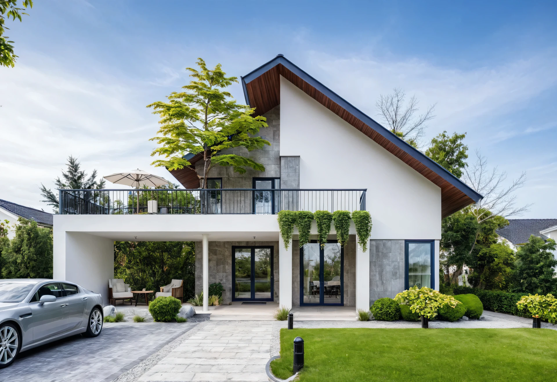 (masterpiece:1.2), best quality, photo of a 2-storey villa with white walls and dark blue tiles on the roof., tree and plant, streetcapes, natural light, vivid color, The exterior of an elegant single family home features large windows, a dark gray door frame.