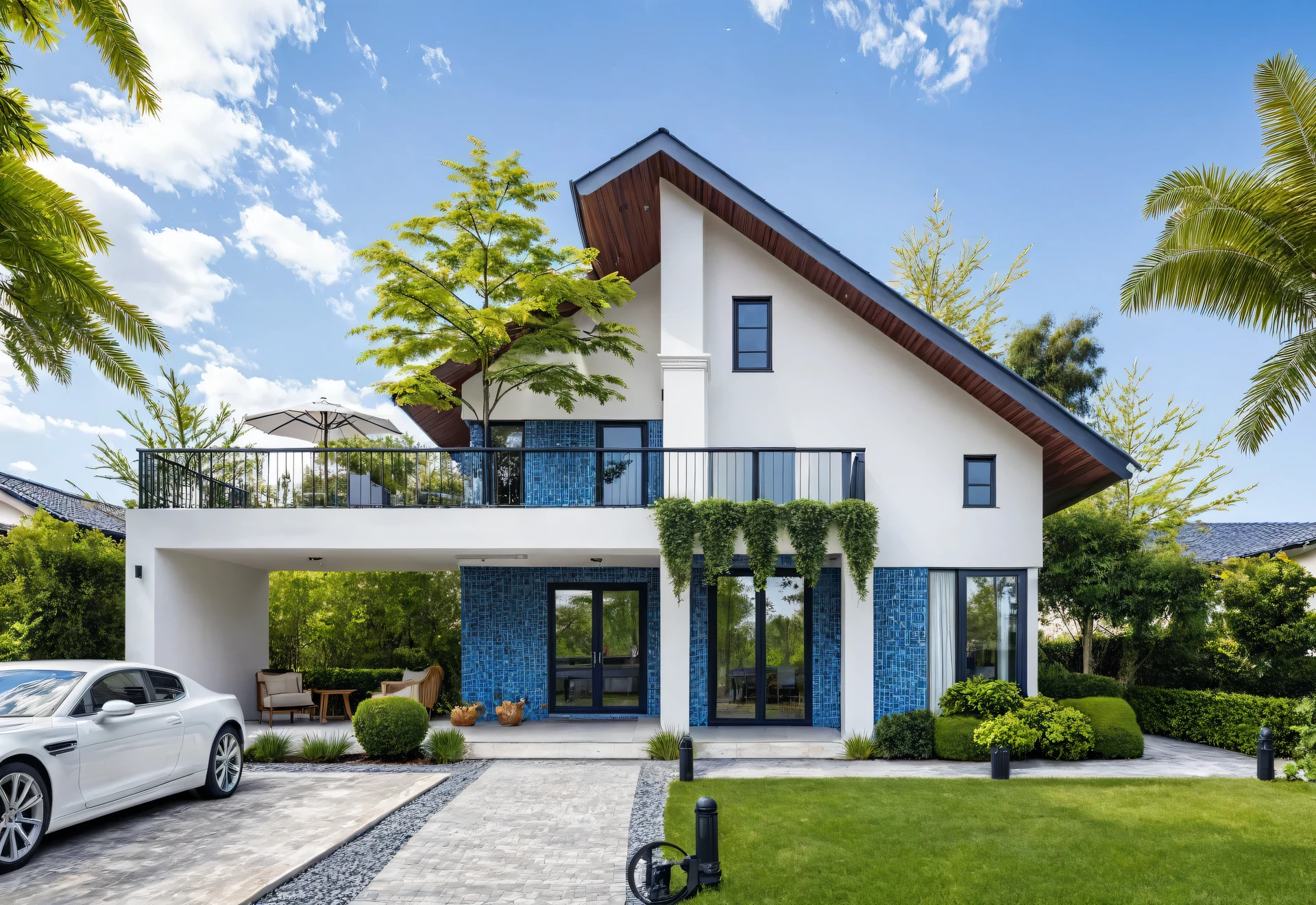 (masterpiece:1.2), best quality, photo of a 2-storey villa with white walls and dark blue tiles on the roof., tree and plant, streetcapes, natural light, vivid color, The exterior of an elegant single family home features large windows, a dark gray door frame.
