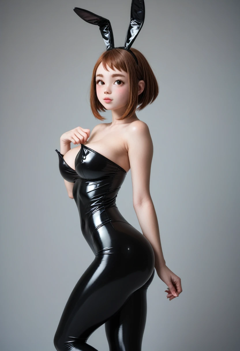 Side shot of a teen girl in a latex strapless bunnygirl outfit, huge breasts spilling out of outfit, nipple peek, dark sheer leggings, one leg bent, playful expression, ochaco uraraka, soft lighting, slightly high shot, large ass, ultra realistic photorealistic 8k