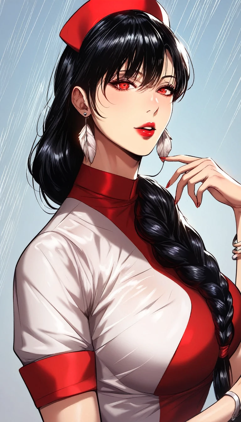 Hot beautiful sexy milf  nurse, red lipstick, long black feather Earrings, medium saggy breasts , black hair ,hair braid,bracelet ,detailed, detailed red eyes, curvy body  ,manhwa style,body moving motion ,detailed eyes,manhwa page,manhwa art style , 