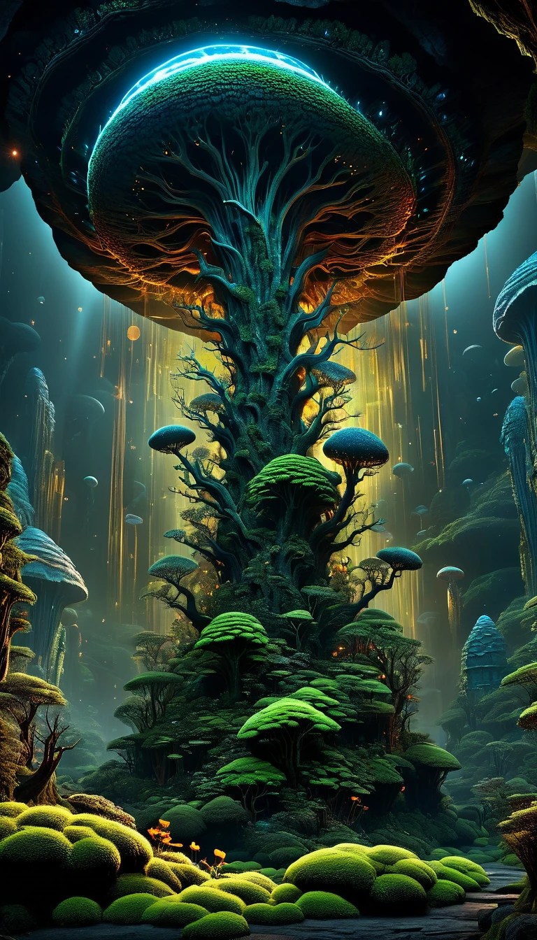 A stunning poster featuring a glowing ALIEN ROCK in symbiosis against a black background, adorned with dark accents and moss details. The work, created by Snakeskin Huang Guangjiang and Dan Witts for CGSociety, boasts 8K resolution and HDR color gamut, complex artistic rendering, futuristic sci-fi aesthetics and digital art influences. The vibrant design is detailed and high resolution, with 3D rendering and a frontal perspective that is currently trending on ArtStation.