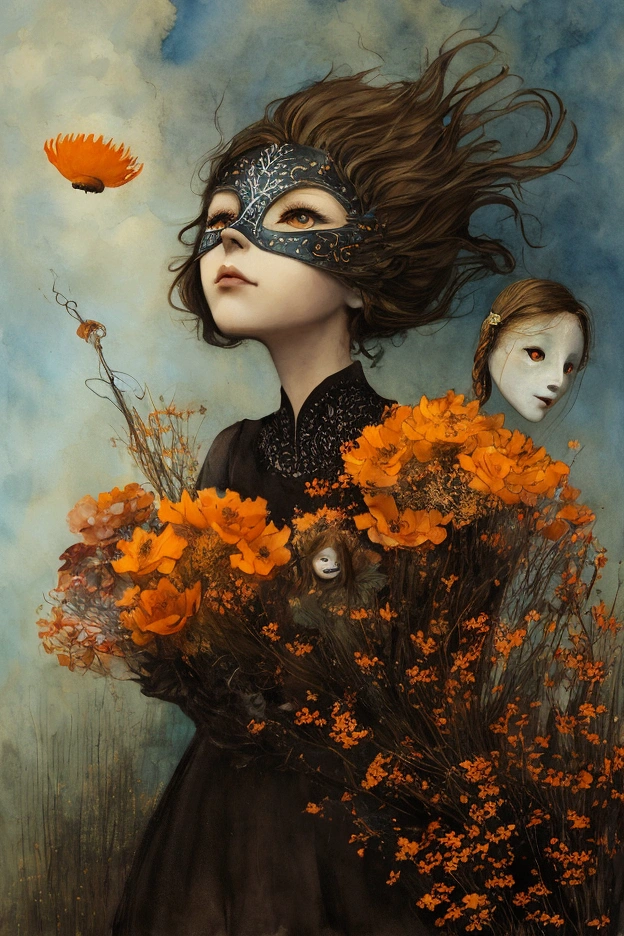 A whimsical watercolor painting by Andy Kehoe and Dave Mckean, Catrin Welz-Stein . a young woman with dark blond hair energetically holds threads in her hand to which are attached several masks floating in the sky. The masks should represent the girl's different emotions, such as joy, sadness, anger and surprise, with expressive details. the background is a high cliff with marsh grass and orange flowers. Unreal dreamlike atmosphere.
