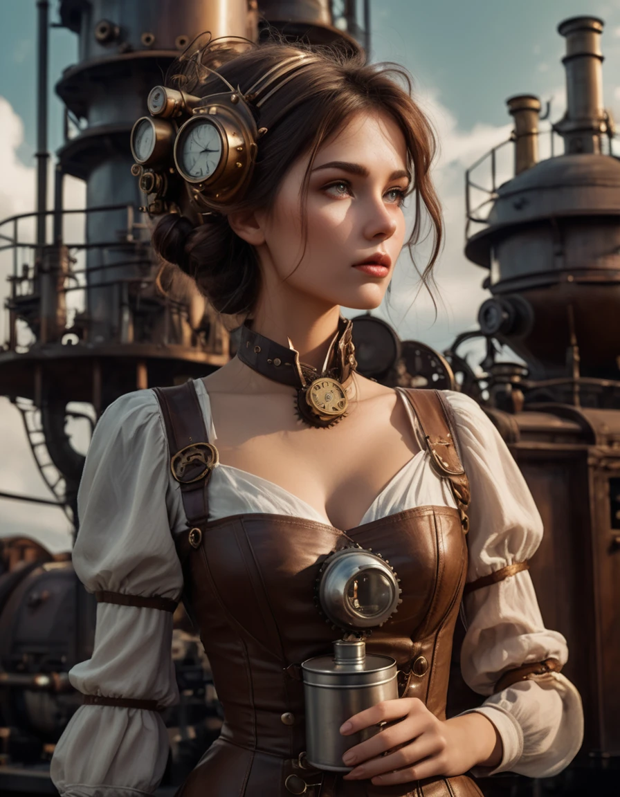 cinematic still {absurdres, ultra detailed beautiful photograph, dynamic angle, close up face, (In a steampunk world, a mechanical girl gazes at the moon while (drinking oil). Her metallic body glistens coldly in the moonlight. Gears and pipes cover her body, with steam quietly rising. Her eyes, almost human-like, hold emotions as she stares at the distant moon. (Holding an oil can) in her hand, she slowly brings it to her mouth, producing mechanical sounds. Around her, old factories and steam engines line the area, creating a unique steampunk atmosphere. Her presence stands out in this otherworldly setting, creating a fantastical scene. watercolor, )} . emotional, harmonious, vignette, highly detailed, high budget, bokeh, cinemascope, moody, epic, gorgeous, film grain, grainy