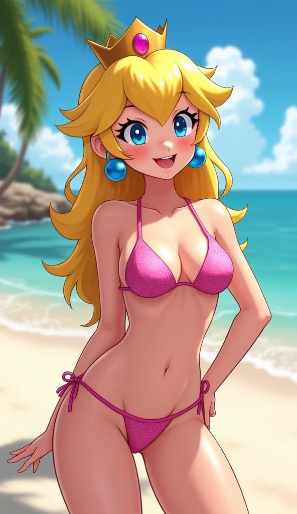 score_9, score_8_up, score_7_up, 1girl, princess peach, breasts, swimsuit, bikini, sunglasses, solo, long hair, jewelry, earrings, eyewear on head, blonde hair, blue eyes, large breasts, pink bikini, outdoors, day, beach, looking at viewer, sky, arm support, smile, sitting, sphere earrings, heart, cloud, blue sky, blush, freckles, collarbone, thighs, letterboxed, tree, sagging breasts, palm tree, cleavage, reclining, strap gap, blurry background, blurry, shiny skin, crossed legs, sidelocks, navel, ocean, on ground, sand, from side, depth of field