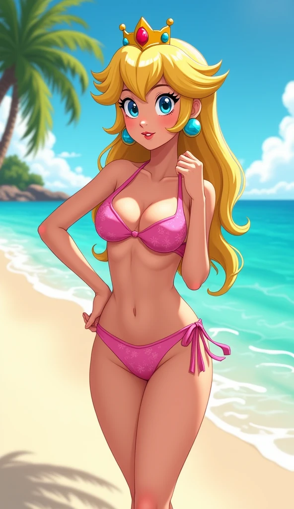 (masterpiece, best quality, high resolution: 1.4), 1girl, woman, butterfly star, horn headband, Big breasts, covering with hand, looking at viewer, pink bikini, micro bikini, topless, in public, embarrassed, walking in public, ashamed, people looking