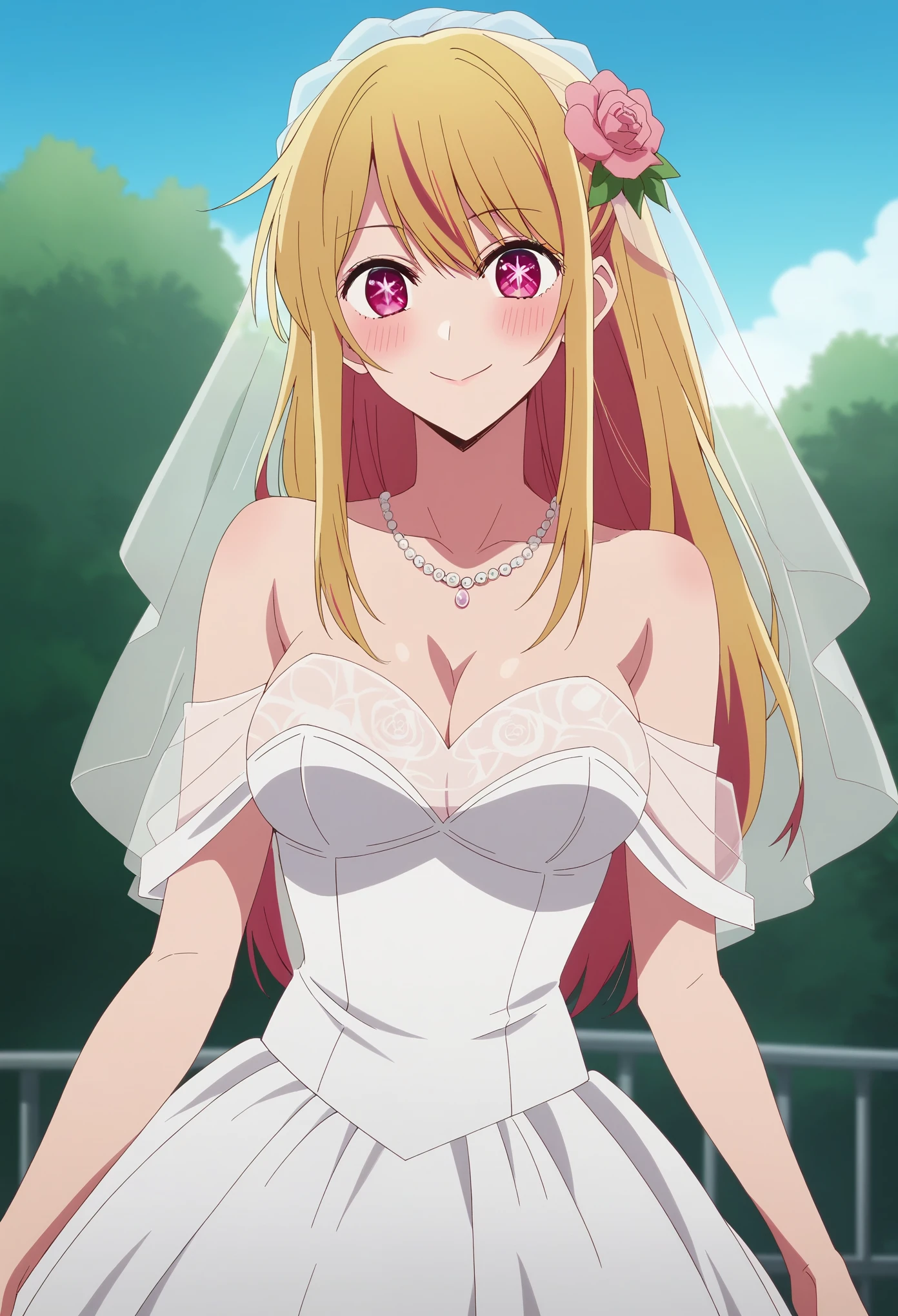 score_9, score_8_up, score_7_up, score_6_up, source_anime, BREAK, solo, 1girl, ruby hoshino, long hair, bangs, blonde hair, pink eyes, sidelocks, symbol-shaped pupils, multicolored hair, two-tone hair, blushing,looking at viewer, wedding dress, wedding veil, off shoulder, cleavage, smile, outdoor, sky, standing, cowboy shot, anime screencrap, jewelry, flower, medium breasts