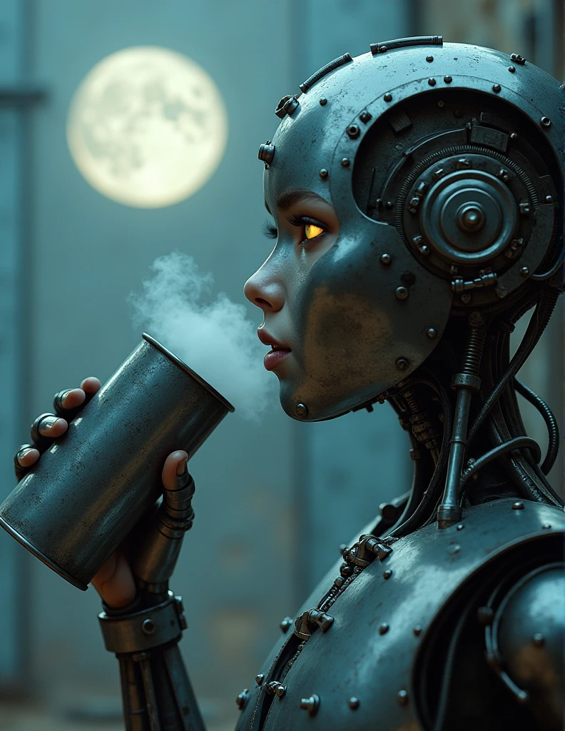 A cybernetic waitress with human face delivers coffee in a cyberpunk cafe, it night behind window, dark ambient, warm light, photorealism