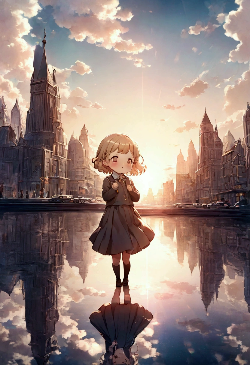 Cute style toddler girl, soft, City, delicate, Expressive, Texture, School uniform，Mysterious City