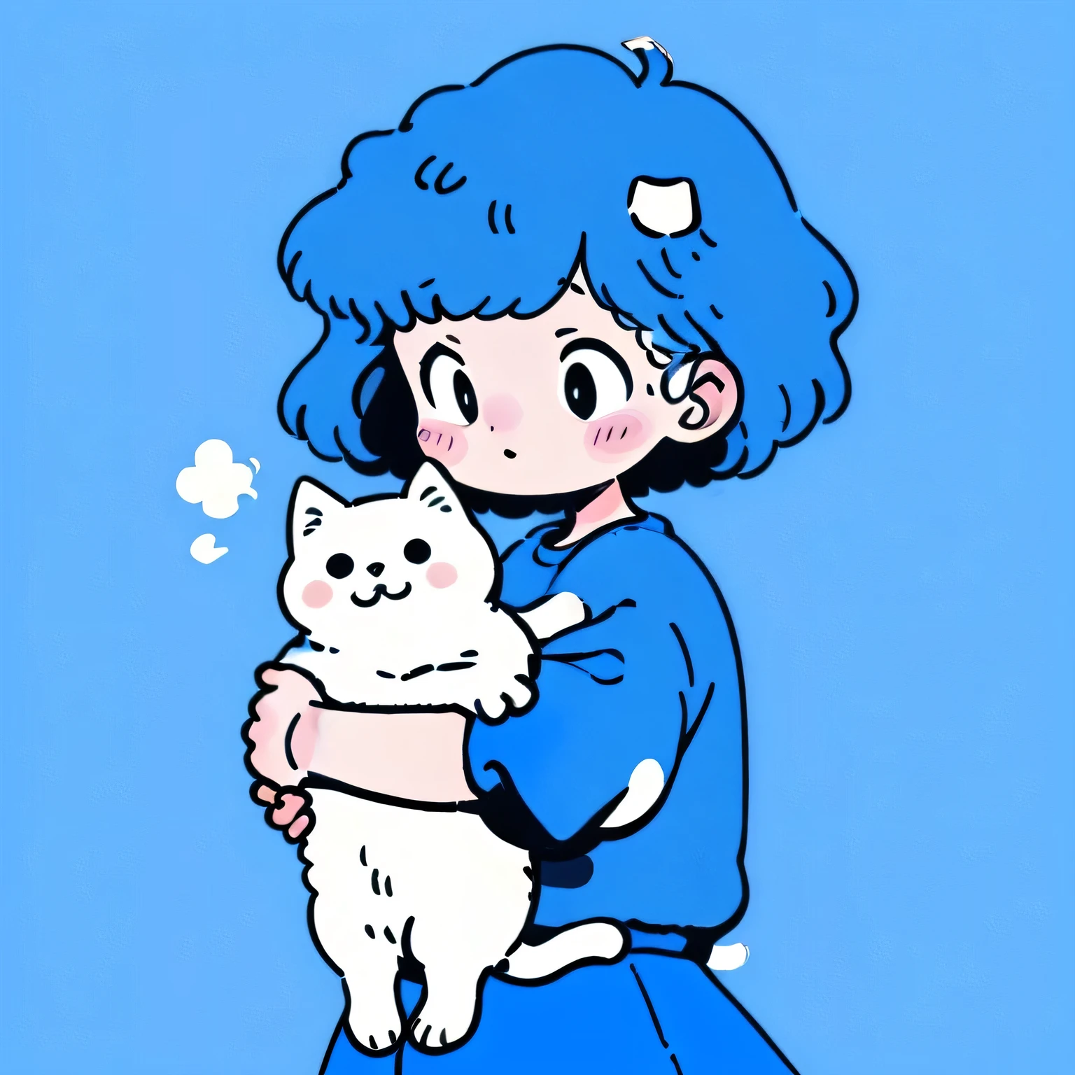 1 girl, holding an animal, (upper body: 1.5), looking at the camera, alone, with a blue background, holding, shirt, bangs, holding a cat, short sleeve,, animal, skirt, blue hair, short hair, simple background, cat, whole body, powder blusher, white shirt, no nose, all standing, blue theme, blue skirt, dog, powder blusher sticker, limited palette, medium hair