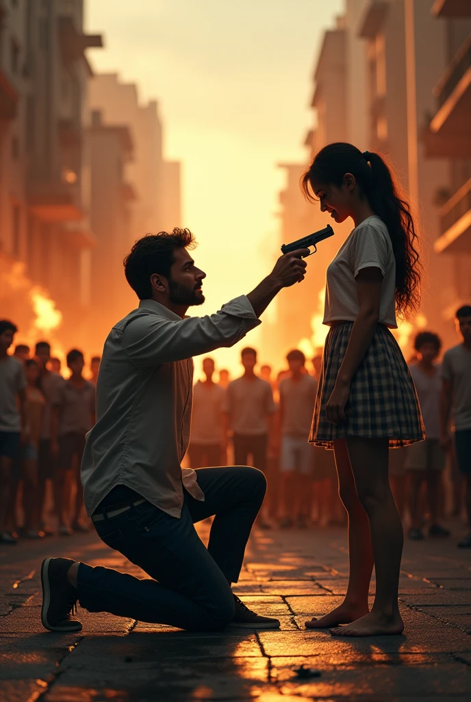 Men with covered face in a proposing position rose in a hand giving it to the 5 year old girl and back ground should be like a war feild