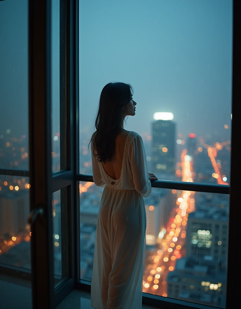 Women in the rain looking at the city from the balcony of a high building wearing her sleepwear cami set (camisole and pant), pictured from the back, city light, ultra hd