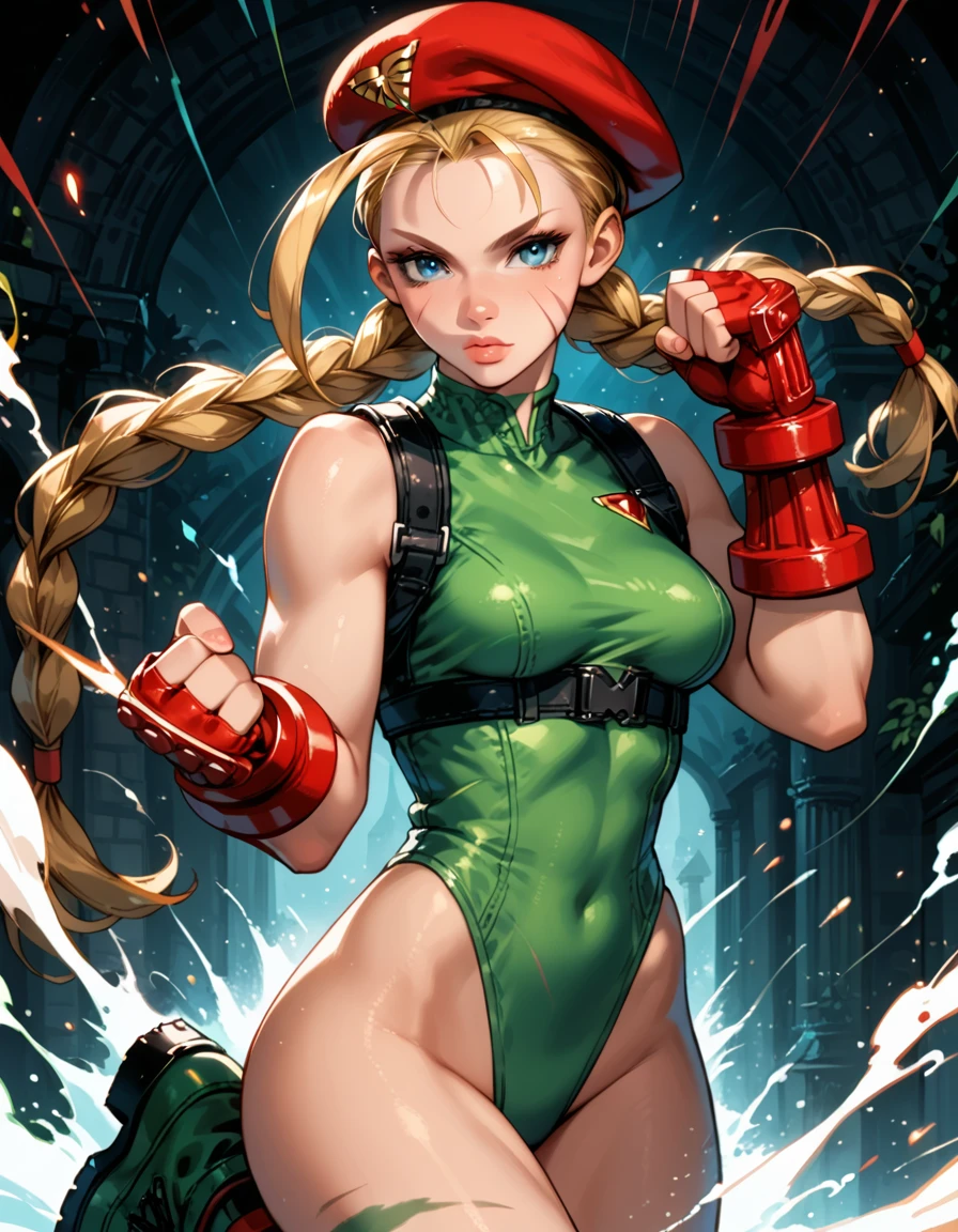 Dark Fantasy Art of score_9, score_8_up, score_7_up, rating_questionable, fantasy, lighting, epiCPhoto 1girl, very sexy (cammySDXL, blue eyes, blonde hair, long hair, twin braids, antenna hair, medium breasts, bare shoulders, red gloves, fingerless gloves, green leotard, high leg leotard, red beret, scar on face, green combat boots:1.2), solo, cute, flirt, gaze, sexy look, half-closed eyes, head tilt, filled lips, thick lips, makeup, modelling shoot, sexy pose, fantasy palace setting, dark, moody, dark fantasy style, dimly lit, (street fighter fighting stance, spinning kick:1.3).