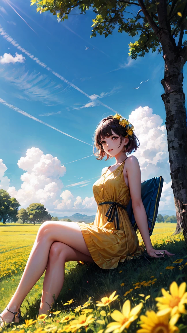 cute very pale chinese 28 year old woman standing in sea of tulips wearing a white skimpy halter dress revealing back, wearing heeled sandals, subtle smile, tall and slim, long wavy hair, wearing sunglasses, wearing a wide beige sun hat, standing in flower field, holding tulips and smelling them, dreamy expression, flower sea, only one person