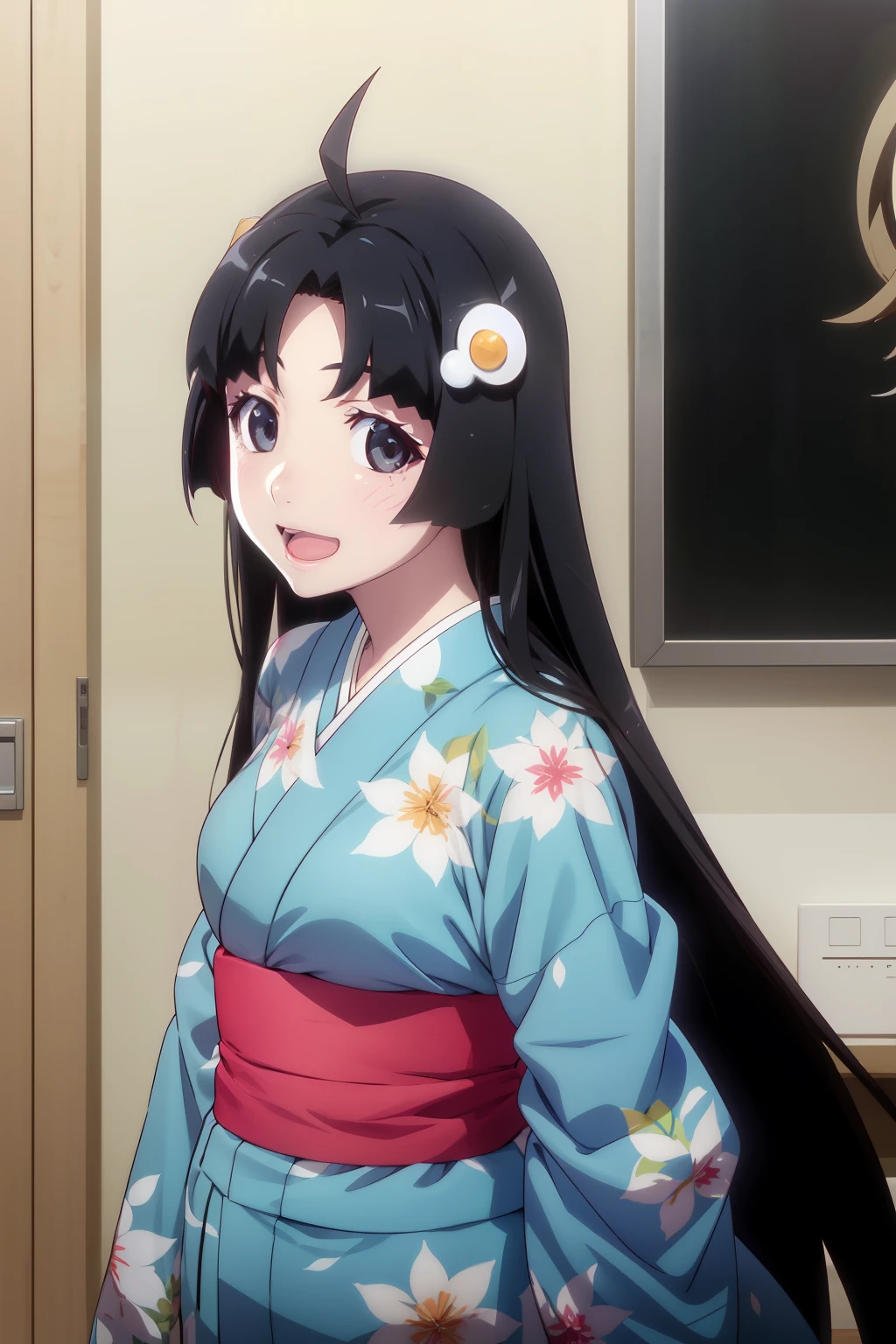 1girl, Alone, looking at viewer, araragitsukihi, hair ornament, very long hair, ahoge, japanese clothes, Blue kimono, egg hair ornament, split bangs, smile, open mouth,masterpiece、Best Quality、High resolution、Detailed face、(anime、anime塗り、animeカラーリング、RAW Photos)、Bakemonogatari、official、 One girl、solo、Staring at the audience、Random Pause、Random Angle、Cowboy Shot、smile、