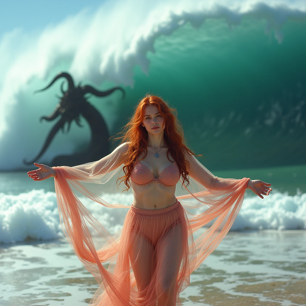 Masterpiece picture, rear angle view, (full body portrait), hyper realistic, 40yo redhead woman, long messy hair complete naked body, huge glistening Breasts, natural sagging breasts, slim and skinny figure. Ancient redhead sorceress, posing with arms raised worshipping ancient gods inside a dark cave, rudimentary altar stone, surroundings inside a cave, detailed image of the surroundings of a cave, surroundings in sharp focus around her. detailed body shape, Intricate detailed picture, professional picture, cinematic lighting, HDR enhancement, ultra fine texture, photorealistic, realism, photorealistic, sexy Pose, Extremely Realistic