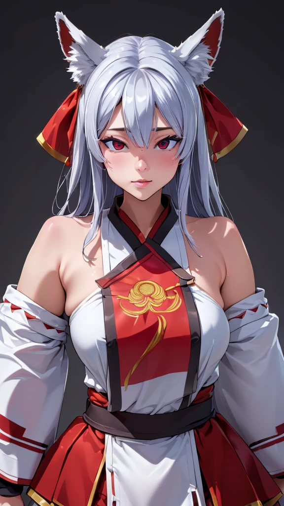 ((Ultra-detailed,Photorealistic,Ultra-high resolution,Highest quality,8k,Tabletop:1.3)), fox girl,miko,small breasts,mesugaki,Minimum body,silver hair