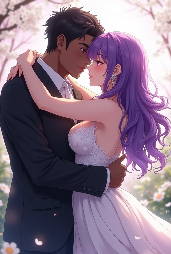 Provocative body anime, purples eyes, purple wavy hair , and pretty face, e biquine roxa , white, and with big breasts, but not too exaggerated , she is talking to a tall black haired guy , she shows her ass to him , he keeps one hand on her ass, while looking into her eyes , he turns her around