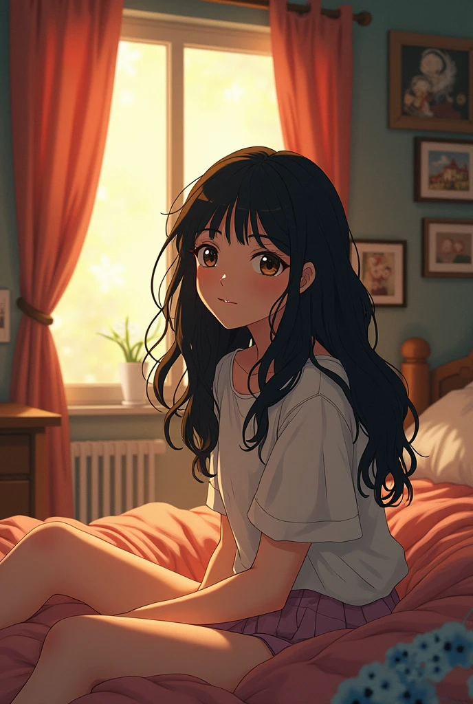 beautiful Anime woman, sitting on bed, wearing loose off-shoulder top, pajama pants, long curly hair, indoors, soft lighting, plants in background, window with Night time, cozy room, relaxed pose, warm colors,
Also she watching a mirror that reflect her face