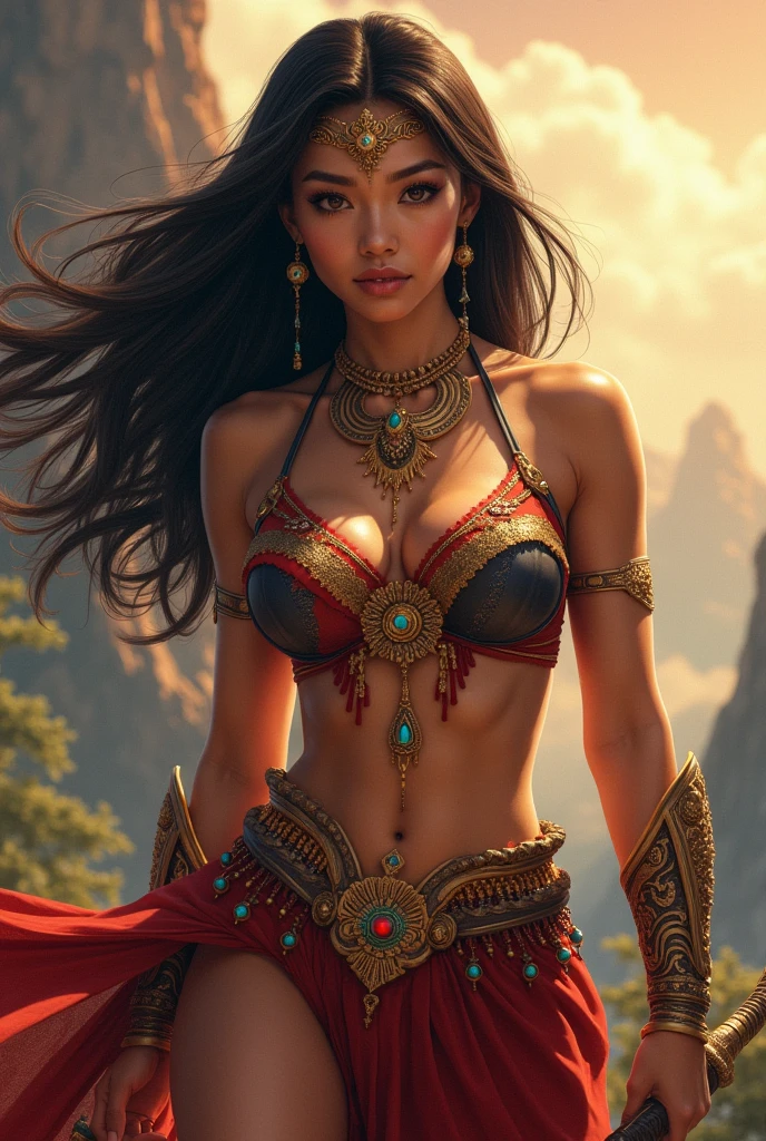 araffe woman in a bikini posing with a sword and a sword, a portrait inspired by Pu Hua, trending on Artstation, fantasy art, indian goddess, bodybuilder superhero bikini, goddess. extremely high detail, asian hyperdetailed, muscular girl, epic 3 d oshun, indian empress, extremely detailed goddess shot, muscular warrior women, muscular ultraviolent woman