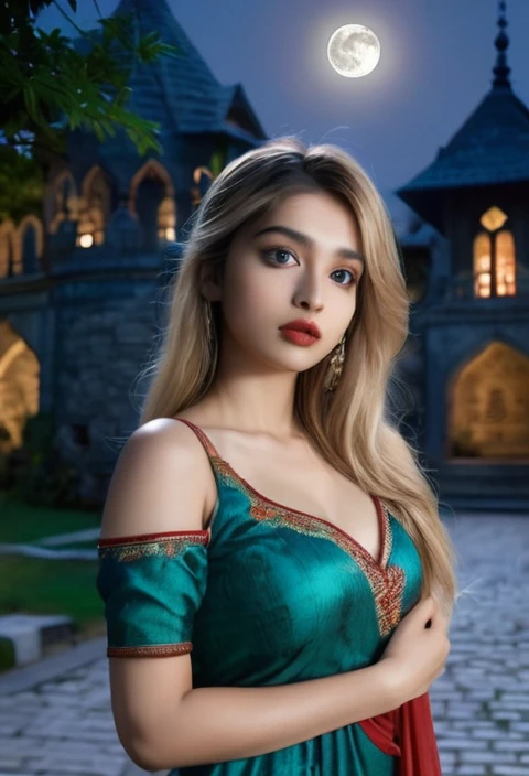 score_9, score_8_above, score_7_above, 1girl, realistic, blonde long hair with bangs, blue_eyes, realistic skin texture, detailed picture, upper_body, HD32k, royal_garden, medieval_castle, elegant_green_dress, off_shoulder_dress, moonlight, night, fullmoon, red_lips, licking_lips, puffy_lips
Beautiful indian woman posing, straight photoshoot pose, full body portrait, moonlit night, night time, winter, walking on forest path, detailed face, cute, big eyes, iconic, photorealistic, mountain temple, detailed background, big breasts, sexy thin saree, long wavy hair, cleavage, symmetric face, masterpiece, 8k, ultra realistic