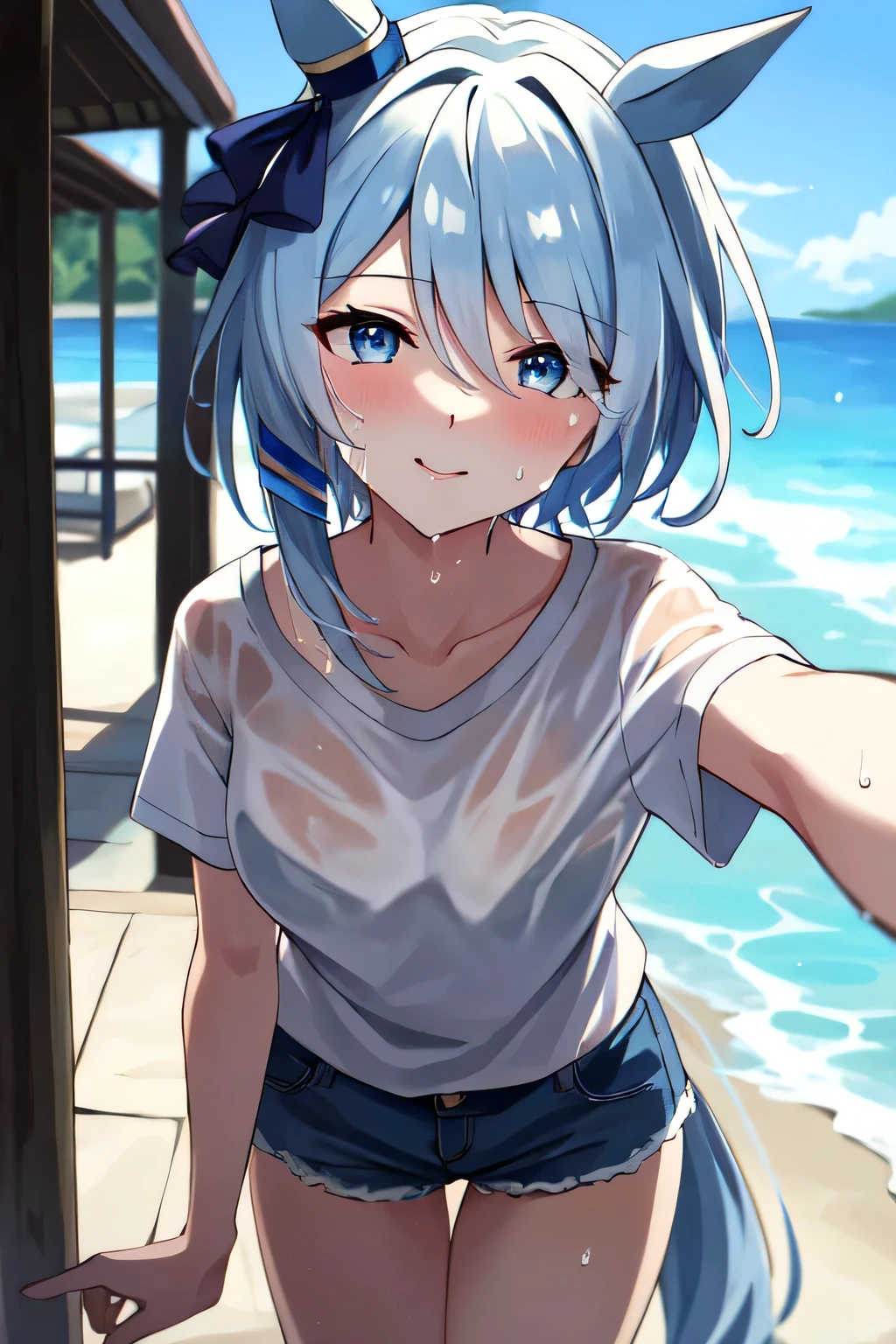 (masterpiece), highly detailed, best quality, (high resolution), 8k, 1girl, solo, k.s.miracle, umamusume, short hair, blue hair, horse ears, horse girl, horse tail, blue eyes, cinematic angle, looking at viewer, outdoor, denim shorts , wet skin, white T-shirt, gentle smile, eyes visible through hair, hair over left eye