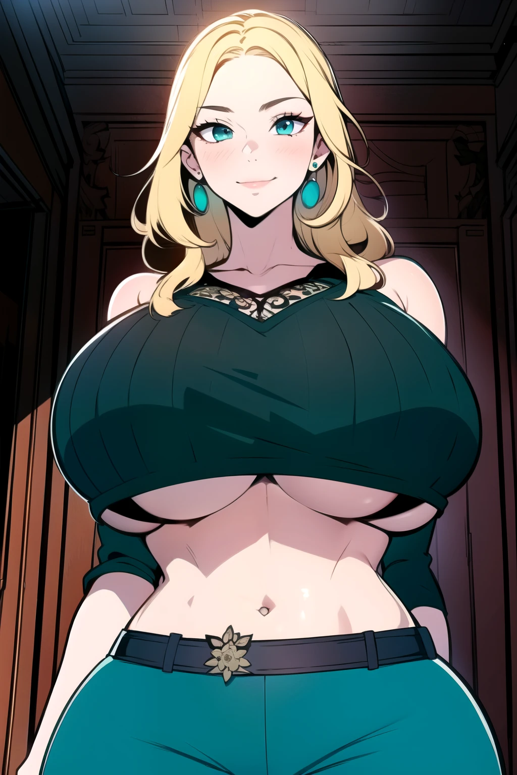 ultra realistic 8k cg, masterpiece, ((ultra detailed background,  intricate detail, highly detailed, fine details best quality, hyperdetailed face)), gigantic breasts ,beautiful lighting, absurdres, NicoRobinV3,  1girl, solo, (blond hair:1.4), long hair, (black shirt:1.4), bare shoulders, (underboob:1.4), midriff, jewelry, , tight pants,belt, , curvy,  curvy, , teal eyes, complex detailed background, (inside palace:1.4)), ((cowboy shot)), curvy, (gigantic breasts: 1.2), seductive smile, cowboy shot, earrings, jewelry,