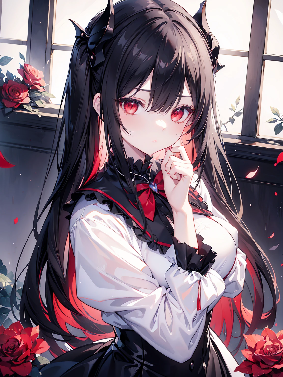 Fresh, anime, after the rain, playful and cute maid, loli, red eyes, eyes glowing eyes, black stockings, backlight, glow, looking at the audience, low angle lens, looking up lens, perfect composition, perfect light and shadow, delicate and rich, 8k