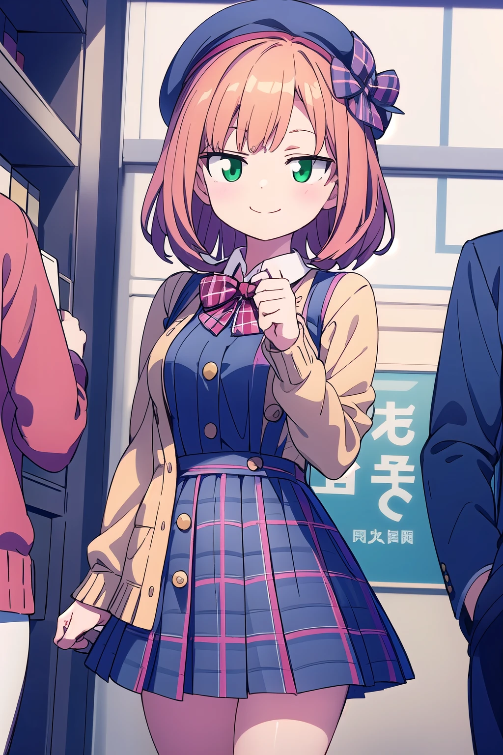 insanely detailed, absurdres, ultra-highres, ultra-detailed, best quality,
1girl, solo, nice hands, perfect hands,
BREAK
(vintage-inspired beret with flower pin:1.3), (navy and red plaid dress:1.5), (golden buttons down the front:1.2), (ivory blouse with ruffle detailing and red bow tie:1.4), (peach cardigan with cable knit pattern:1.3), (black tights:1.1), (red Mary Jane shoes:1.2)
BREAK
happy smile, laugh, closed mouth, standing,
45 angle,
cute pose, cowboy shot,
BREAK
slender, kawaii, perfect symmetrical face, ultra cute girl, ultra cute face, ultra detailed eyes, ultra detailed hair, ultra cute, ultra beautiful,
BREAK
in school, shibuya, tokyo, class, crowd of classmates,
BREAK
medium breasts,
(orange medium hair, green eyes), hime cut