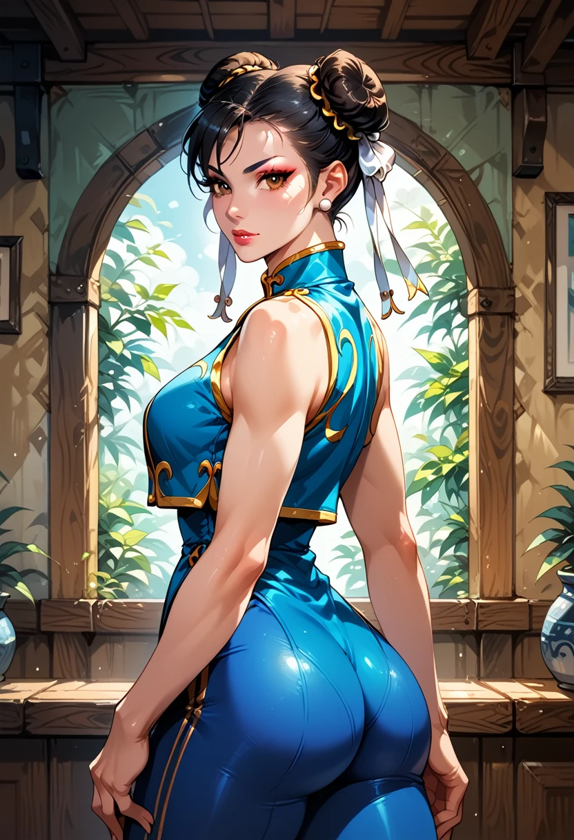 score_9, score_8_up, score_7_up, BREAK, score_9, 1girl, chun-li (\street fighter)\, black hair, brown eyes, makeup, eyelashes, short hair, breasts, looking at viewer, standing pose, lips, alpha_costume, blue bodysuit, blue leotard, blue vest, sleeveless, cowboy shot, ass, from behind,
