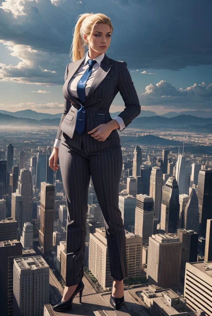 1 woman in grey pinstriped suit, white shirt, big blue paisley necktie, curvaceous figure, massive breasts, blonde ponytail, standing in stomping pose, 1 woman in crimson pinstriped suit, white shirt, wide black paisley necktie, curvaceous figure, massive breasts, standing in stomping pose, both wearing black platform heels, cityscape background of mega-city, urban sprawl, small towns, hazy cloudy atmosphere, high-resolution, masterpiece quality, cinematic, ultra-detailed, hyper-photorealistic, perfect hands, face, lighting