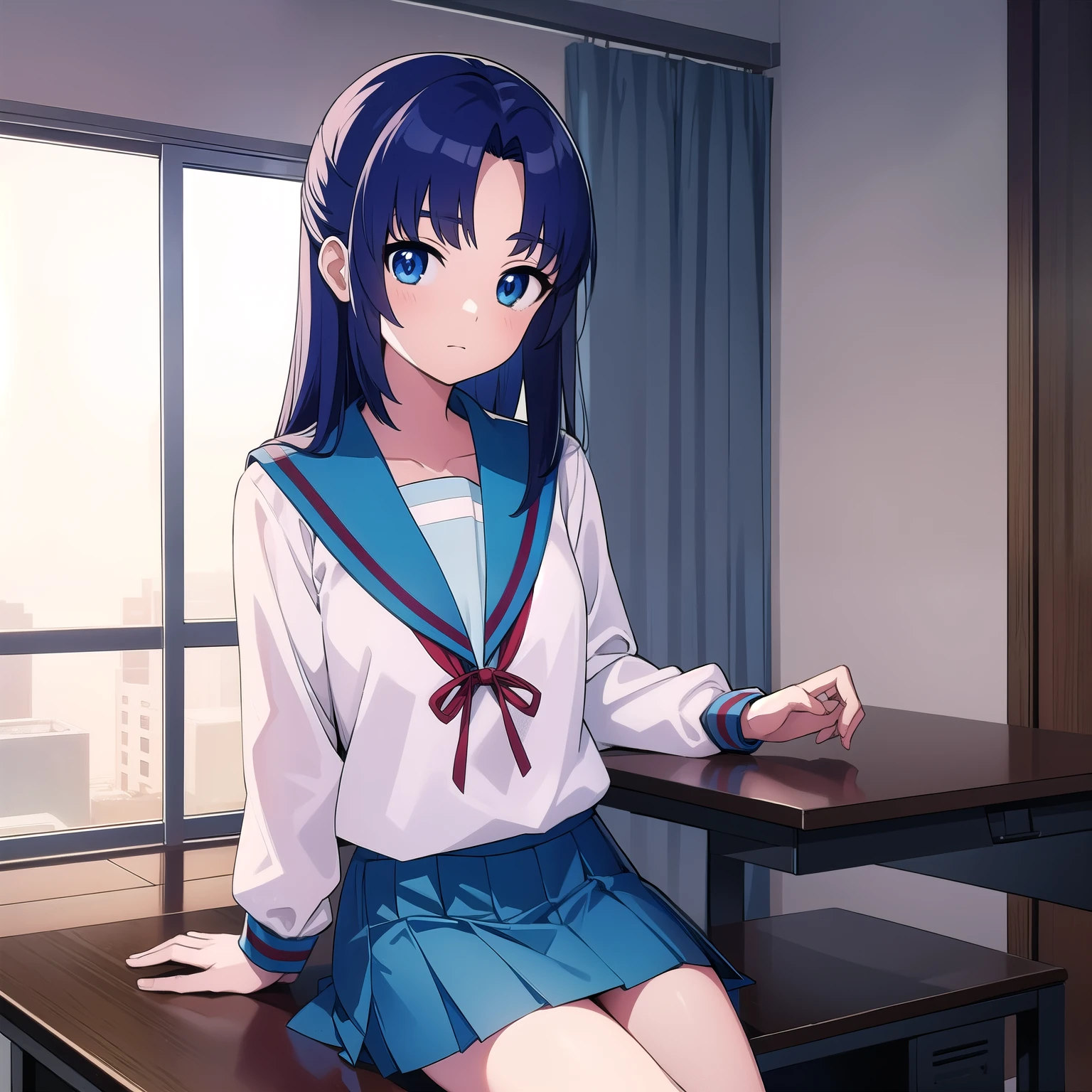 ryoukoasakura, ryouko asakura, blue hair, blue eyes, long hair, BREAK blue sailor collar, blue skirt, brown footwear, collarbone, kita high school uniform, loafers, long sleeves, red ribbon, ribbon, sailor collar, school uniform, shirt, shoes, skirt, socks, white shirt, white socks, winter uniform, BREAK looking at viewer, BREAK indoors, classroom, BREAK (masterpiece:1.2), best quality, high resolution, unity 8k wallpaper, (illustration:0.8), (beautiful detailed eyes:1.6), extremely detailed face, perfect lighting, extremely detailed CG, (perfect hands, perfect anatomy),