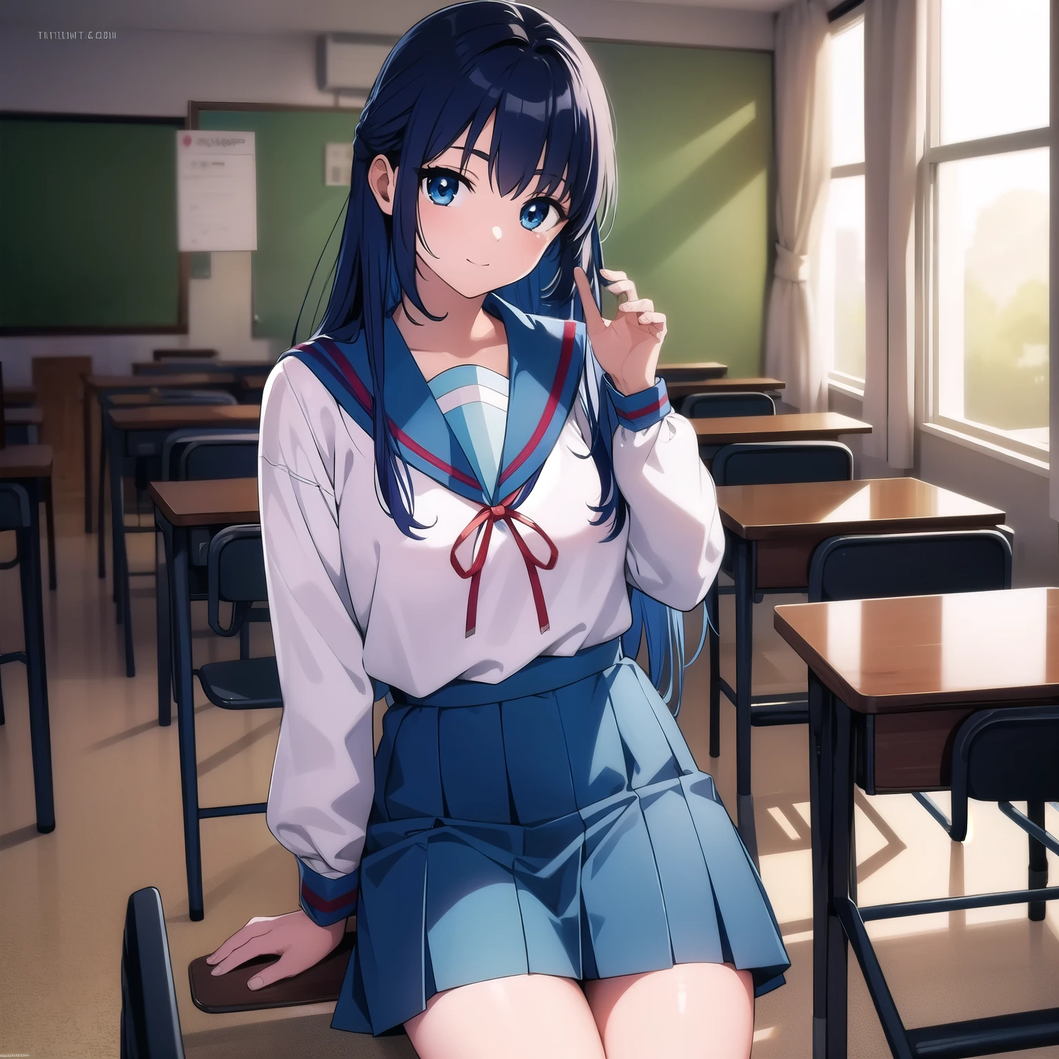 ryoukoasakura, ryouko asakura, blue hair, blue eyes, long hair, BREAK blue sailor collar, blue skirt, brown footwear, collarbone, kita high school uniform, loafers, long sleeves, red ribbon, ribbon, sailor collar, school uniform, shirt, shoes, skirt, socks, white shirt, white socks, winter uniform, BREAK looking at viewer, BREAK indoors, classroom, BREAK (masterpiece:1.2), best quality, high resolution, unity 8k wallpaper, (illustration:0.8), (beautiful detailed eyes:1.6), extremely detailed face, perfect lighting, extremely detailed CG, (perfect hands, perfect anatomy),