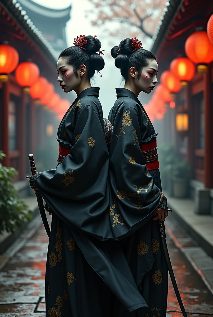 The image features two figures dressed in a striking combination of traditional Japanese attire and futuristic robotic enhancements. Their faces are painted white with exaggerated, theatrical makeup resembling Noh masks, giving them a dramatic, almost eerie appearance. They wear elaborate, patterned kimonos with sashes tied at the waist, but their arms and legs are replaced with complex mechanical components. These robotic limbs are detailed with gears, wires, and glowing elements, suggesting a fusion of traditional craftsmanship and advanced technology. The figures are positioned on a city street, with a foggy background and neon signs, creating a cyberpunk atmosphere that merges historical and futuristic elements. The bright lights in their headgear and the mechanical parts add to the surreal, otherworldly vibe of the scene.foggy day.sci-fi.full body.peculiar.hyperrealistic.8k