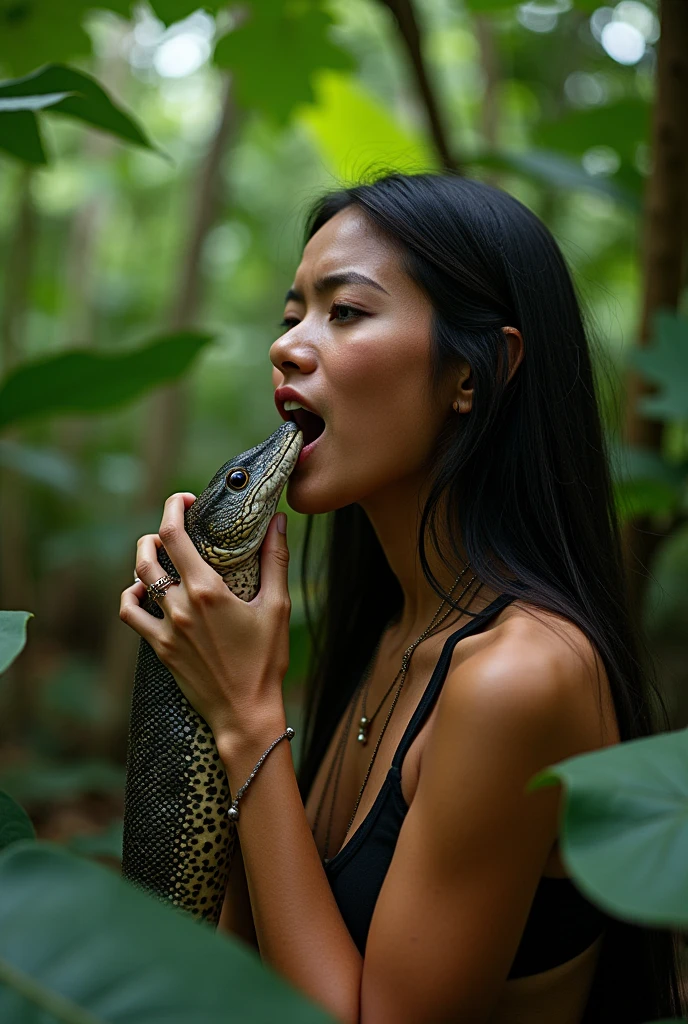 A beautiful woman with long flowing hair and a sexy body is sleeping on the white sand of the beach. A huge Komodo dragon was lying beside him quietly, as if guarding him. The warm afternoon sunlight illuminated the two of them, creating a peaceful and serene atmosphere. The expression on the woman's face showed calm and peace, as if she did not notice the presence of the Komodo dragon beside her.